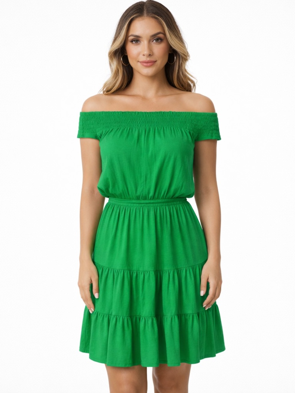Simply Vera Vera Wang Green Off Shoulder Tiered Dress XS Elastic Waist Belt